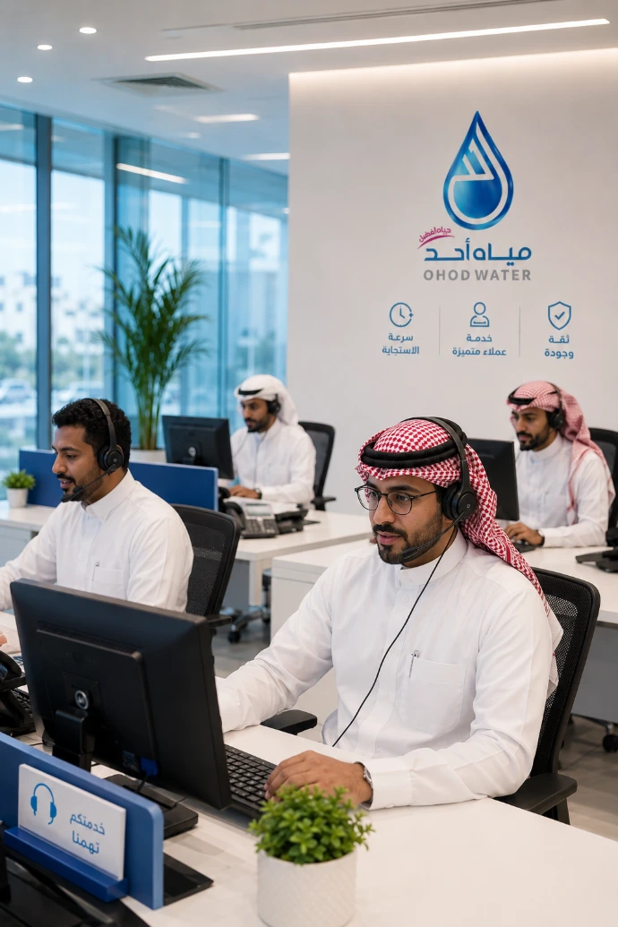 مكتب خدمة عملاء حديث لشركة مياه أحد في المملكة العربية السعودية. موظفون سعوديون يرتدون الزي التقليدي يعملون باحترافية على أجهزة الكمبيوتر ويرتدون سماعات لتقديم الدعم السريع والموثوق. المكتب يتميز بإضاءة مشرقة وجدران زجاجية، مع شعار مياه أحد على الحائط يبرز "سرعة الاستجابة، خدمة عملاء متميزة، ثقة وجودة". الصورة تعكس الاحترافية والكفاءة والمصداقية في بيئة العمل السعودية.