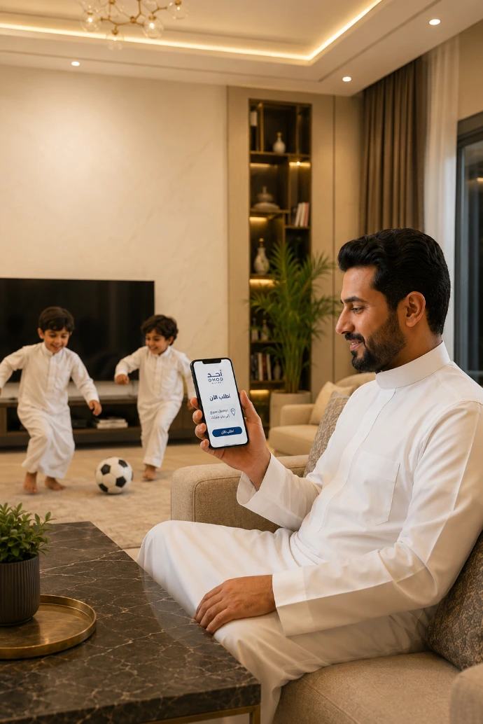 رجل سعودي يجلس في غرفة معيشة عصرية مرتديًا الثوب الأبيض التقليدي، يحمل هاتفه الذكي الذي يعرض تطبيق مياه أحد مع عبارة "اطلب الآن – توصيل سريع خلال 30 دقيقة". في الخلفية يلعب طفلان بالكرة، مما يضفي جوًا عائليًا دافئًا. الصورة تبرز سهولة الطلب والتقنية الحديثة وحياة الأسرة السعودية، وتروّج لخدمة التوصيل السريع من مياه أحد.