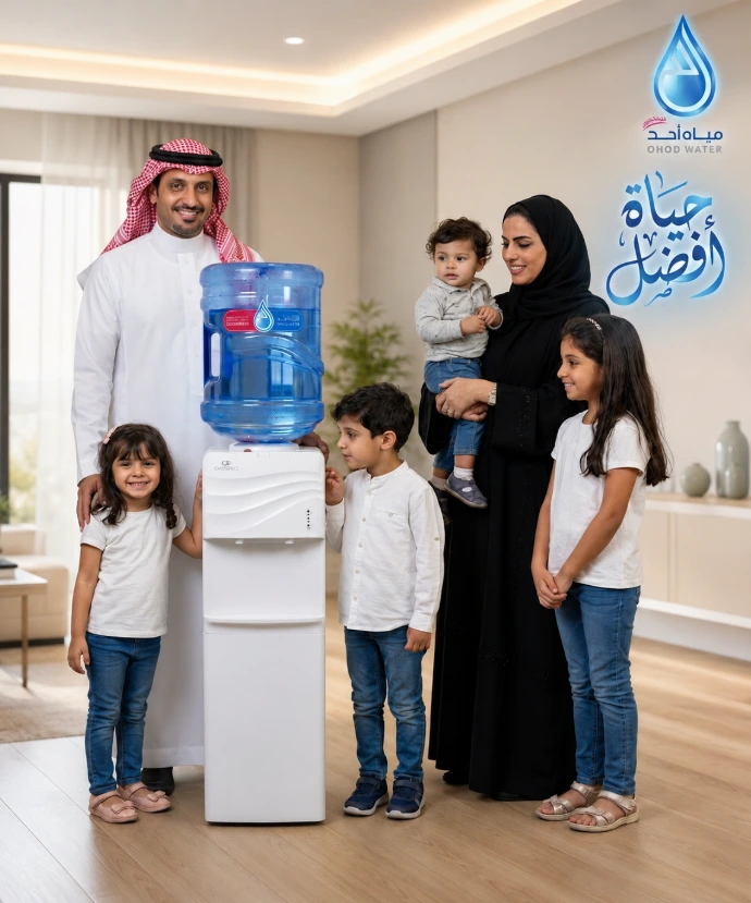 عائله صغيره سعيده ببراده مياه أحد